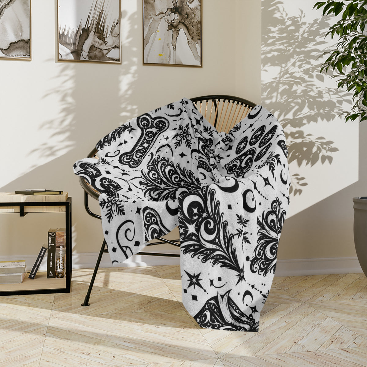 Holiday Pet Paw Print Microfiber Blanket — Black & White Christmas Tree, Gifts & Bones Pattern