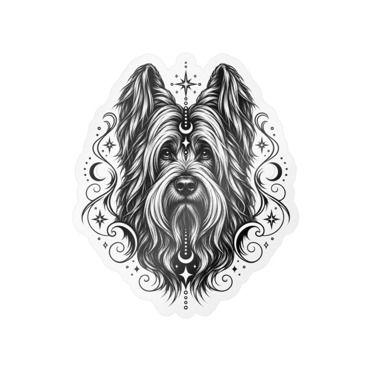 Mystical Briard Line Art Kiss-Cut Vinyl Sticker — Decorative Dog Portrait Decal
