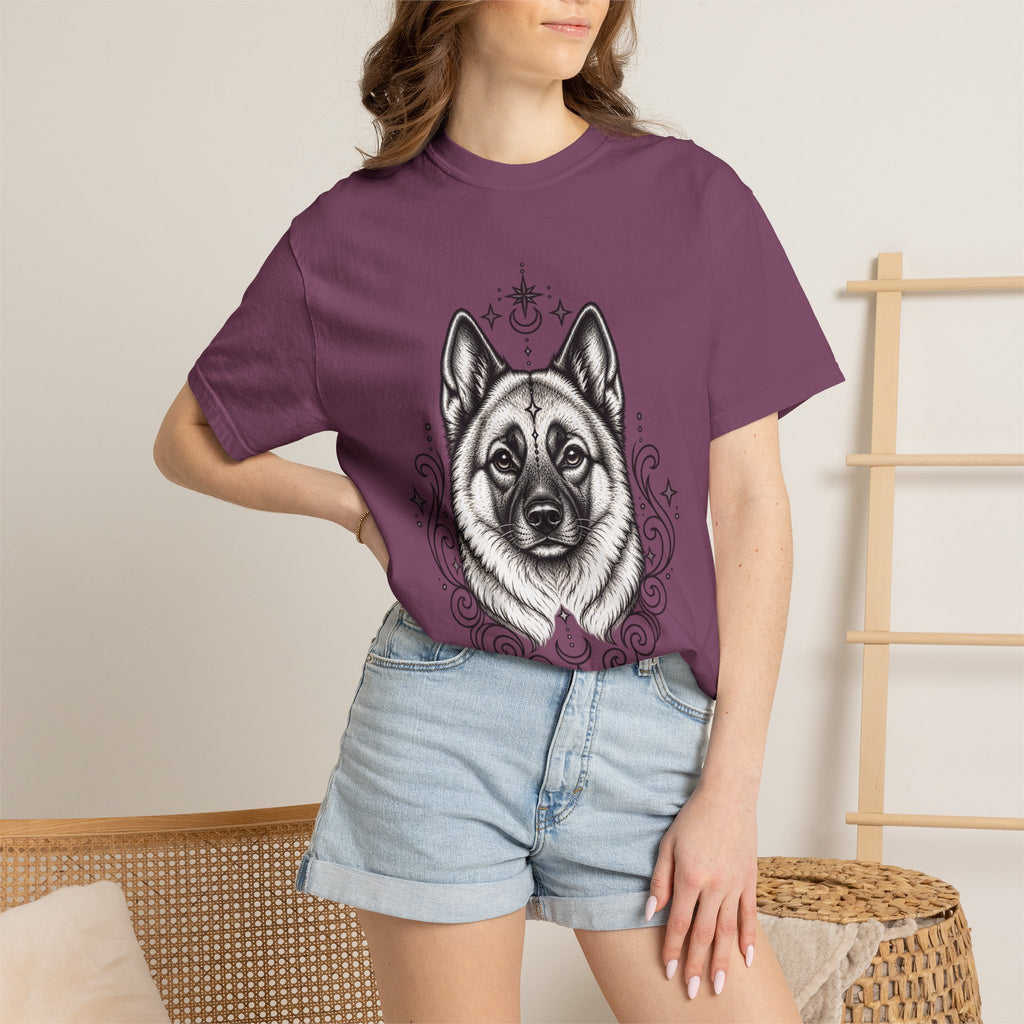 Mystical Norwegian Elkhound Line Art T-Shirt — Minimal Dog Portrait Tee