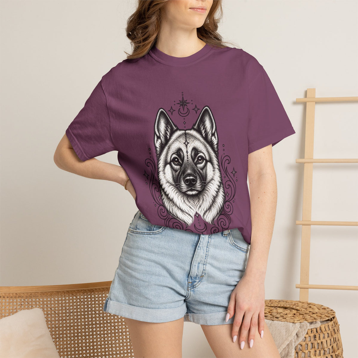 Mystical Norwegian Elkhound Line Art T-Shirt — Minimal Dog Portrait Tee