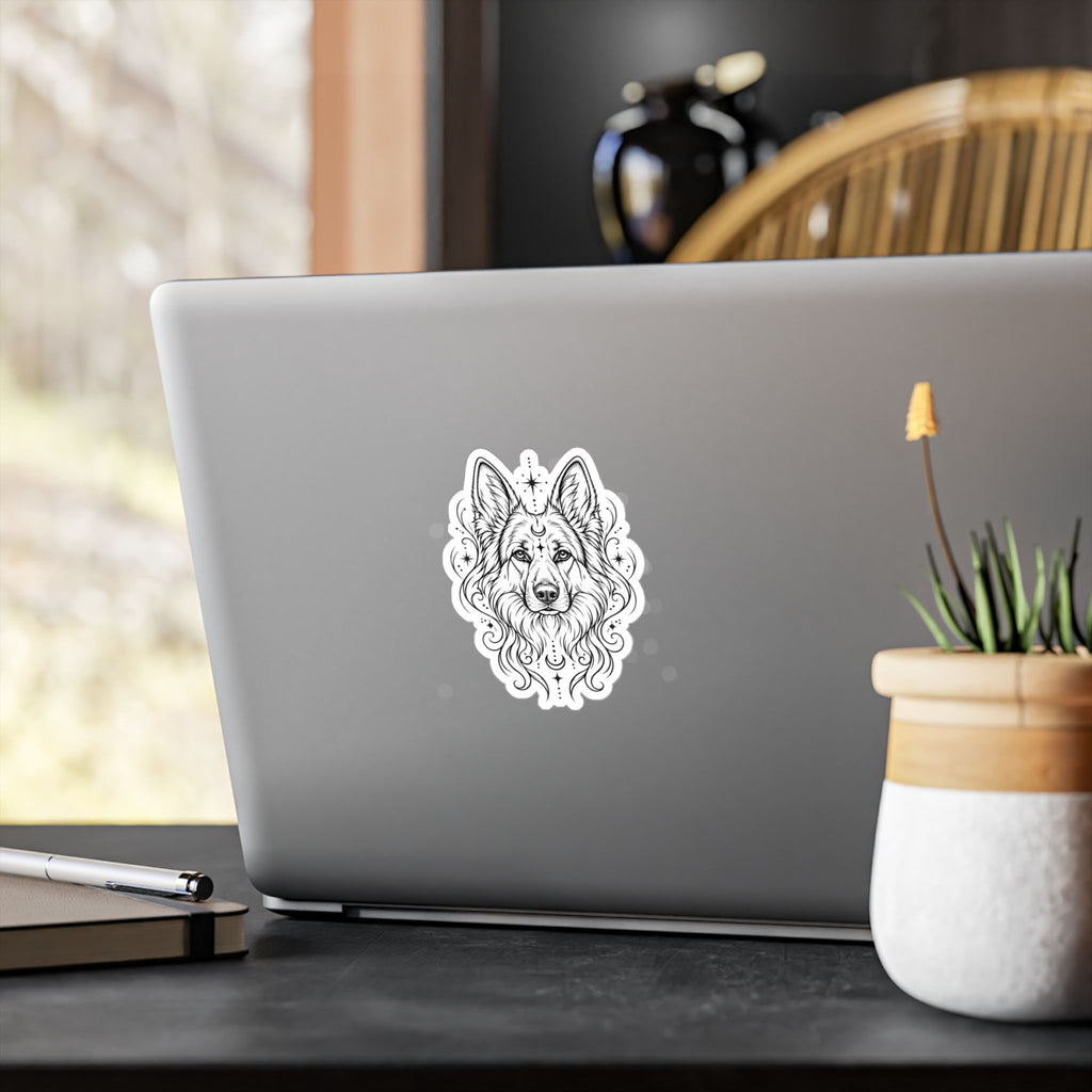 Mystical White Swiss Shepherd Line Art Kiss-Cut Vinyl Sticker — Decorative Dog Portrait Decal