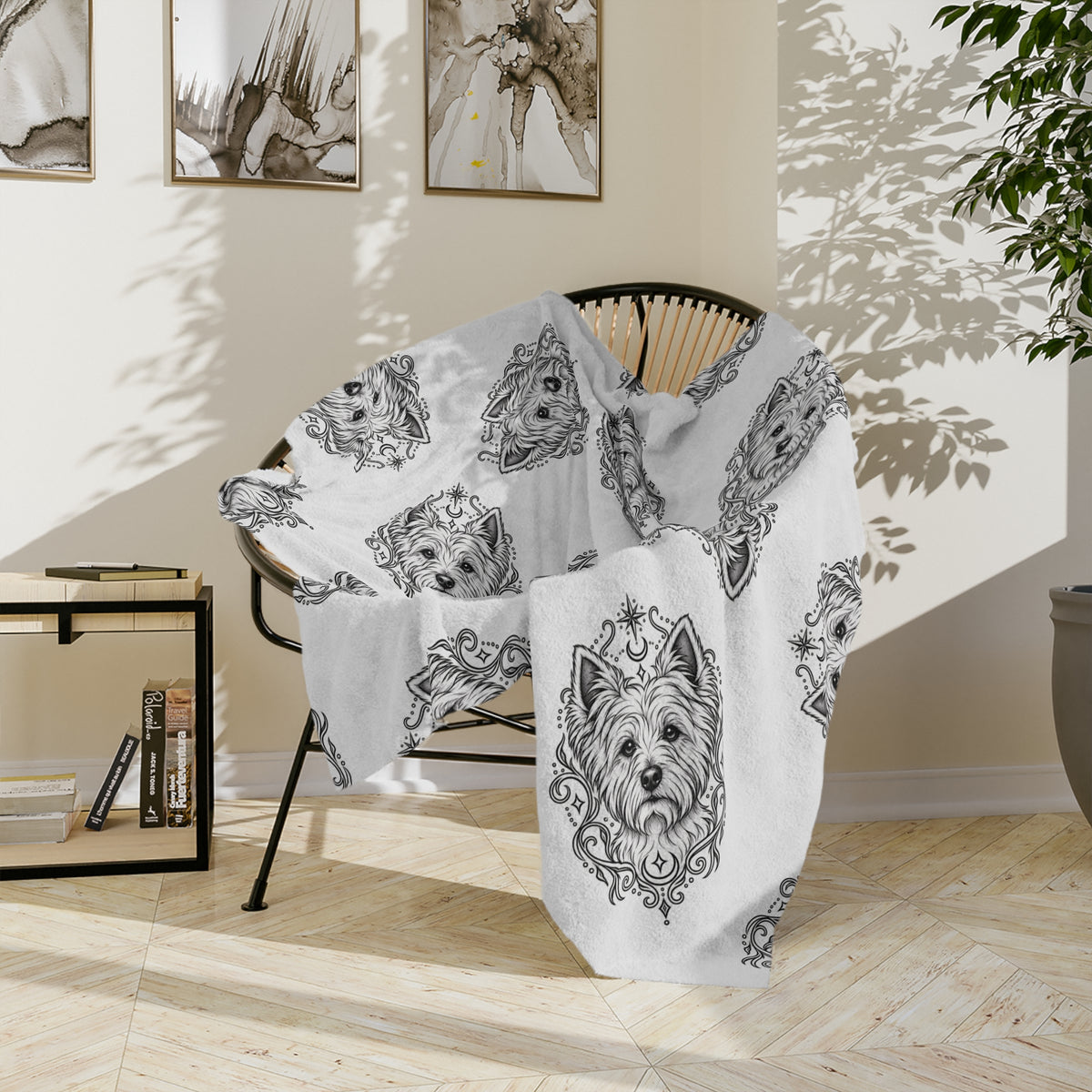 Mystical West Highland Terrier Minimalist Velveteen Microfiber Blanket — Soft Neutral Pet Portrait Throw