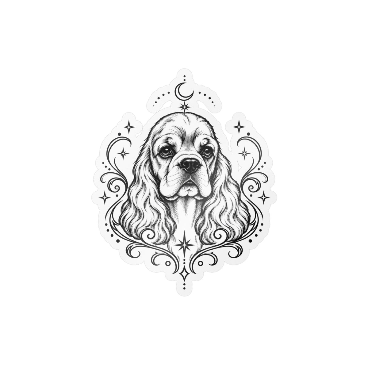 Mystical American Cocker Spaniel Line Art Kiss-Cut Vinyl Sticker — Decorative Dog Portrait Decal