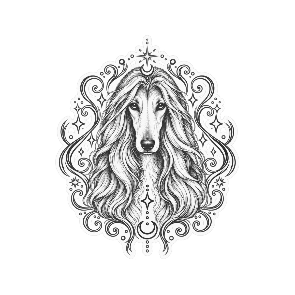 Mystical Afghan Hound Line Art Kiss-Cut Vinyl Sticker — Decorative Dog Portrait Decal