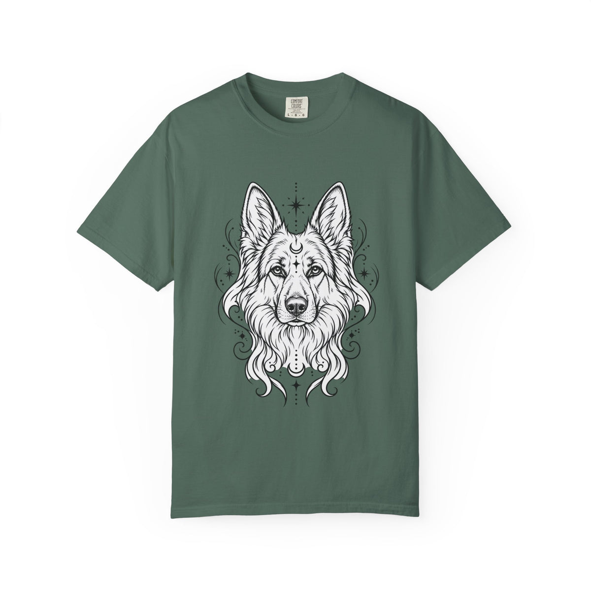 Mystical White Swiss Shepherd Line Art T-Shirt — Minimal Dog Portrait Tee