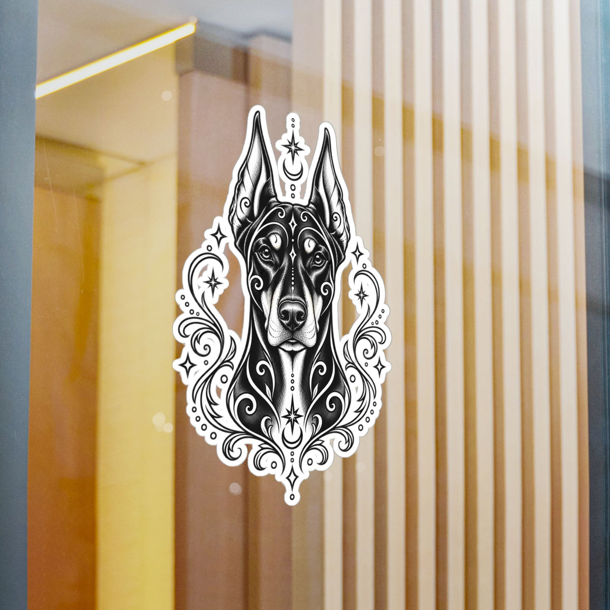 Mystical Doberman Pinscher CE Line Art Kiss-Cut Vinyl Sticker — Decorative Dog Portrait Decal