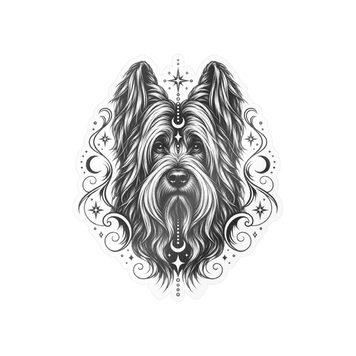Mystical Briard Line Art Kiss-Cut Vinyl Sticker — Decorative Dog Portrait Decal