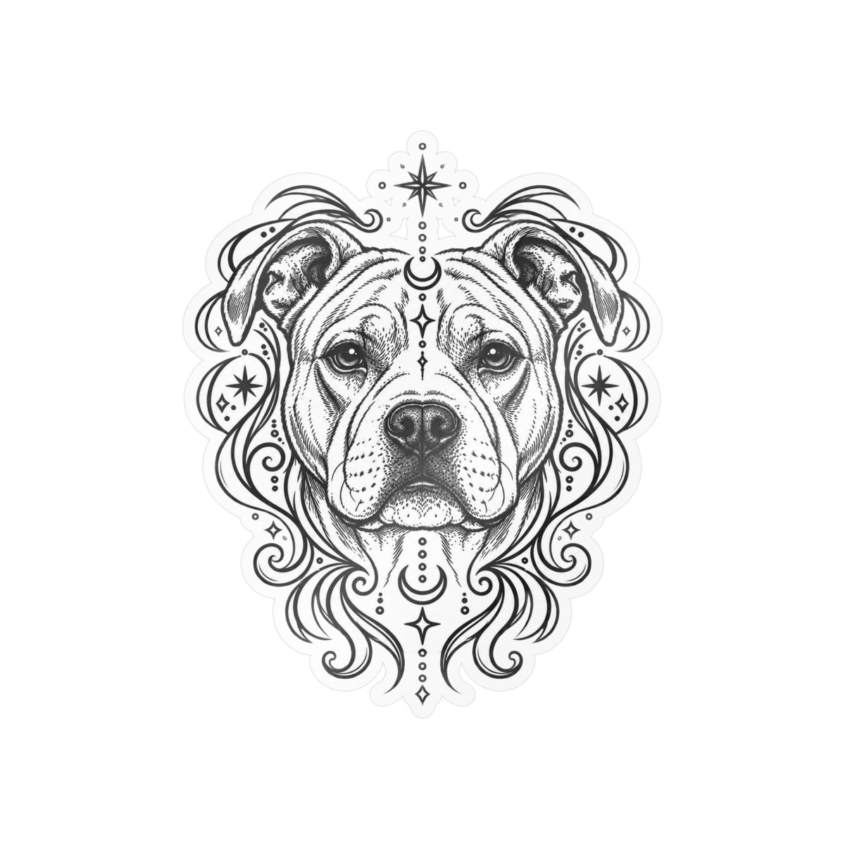 Mystical American Staffordshire Terrier Line Art Kiss-Cut Vinyl Sticker — Decorative Dog Portrait Decal