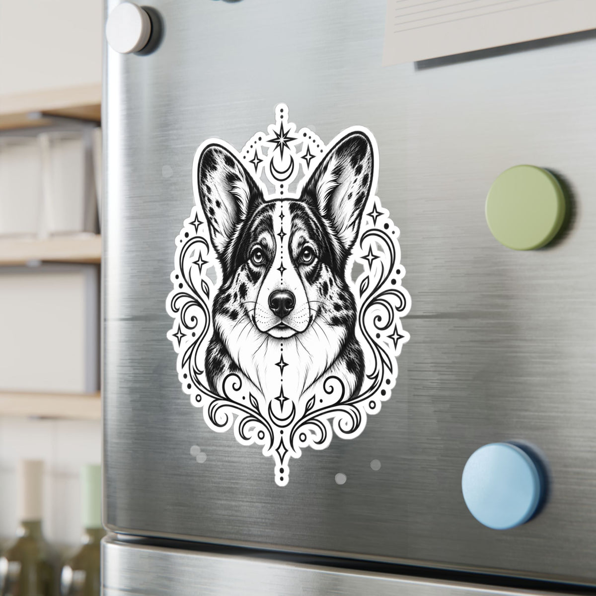 Mystical Cardigan Welsh Corgi Line Art Kiss-Cut Vinyl Sticker — Decorative Dog Portrait Decal