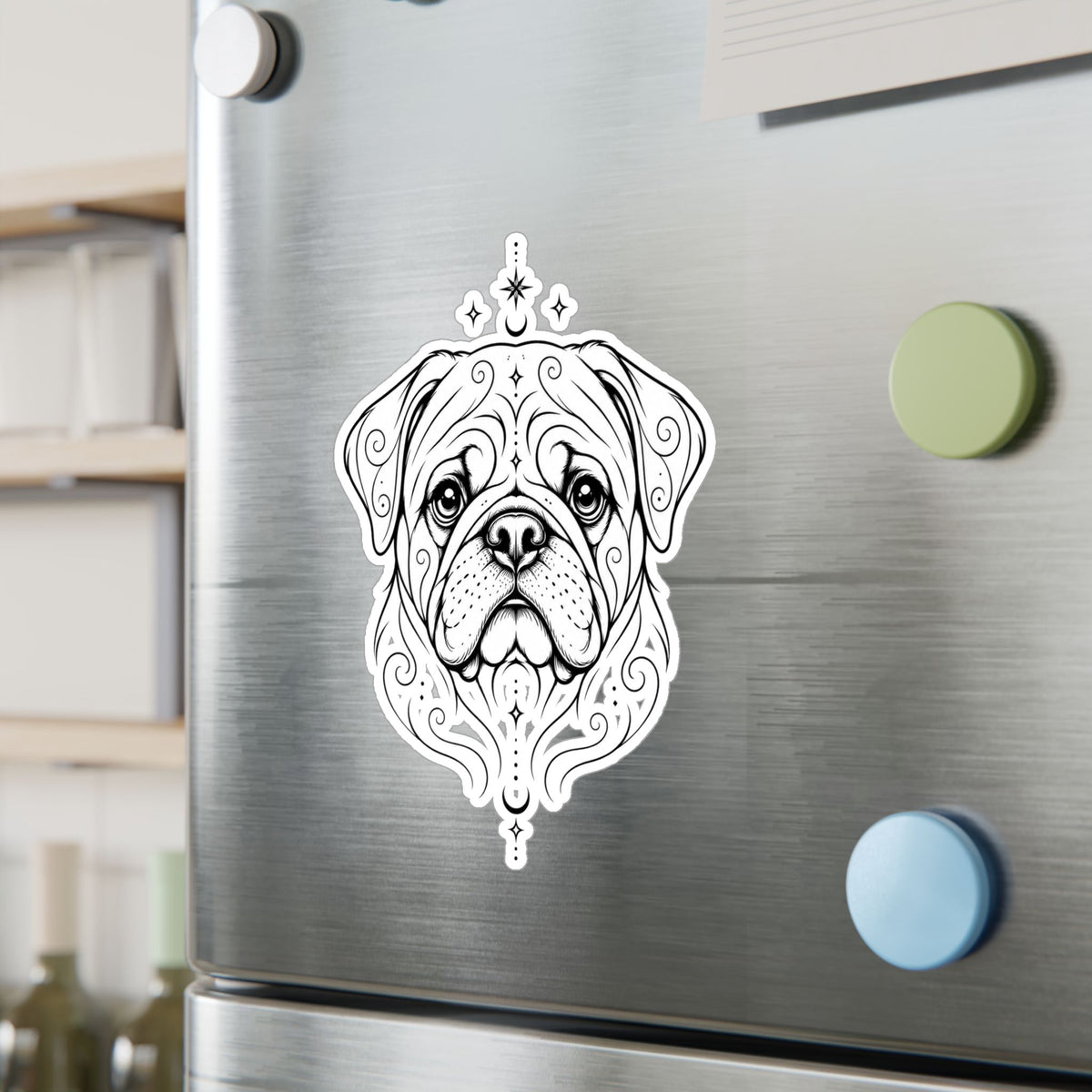 Mystical Pug Line Art Kiss-Cut Vinyl Sticker — Decorative Dog Portrait Decal