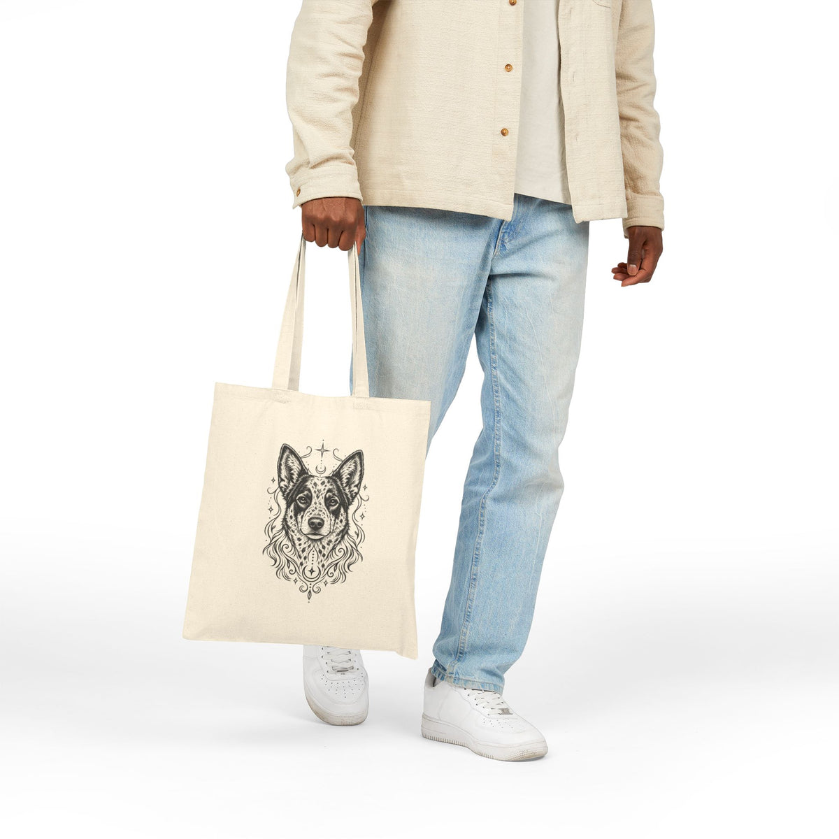 Mystical Australian Cattle Dog Line Art Canvas Tote — Dog Portrait Cotton Shopper