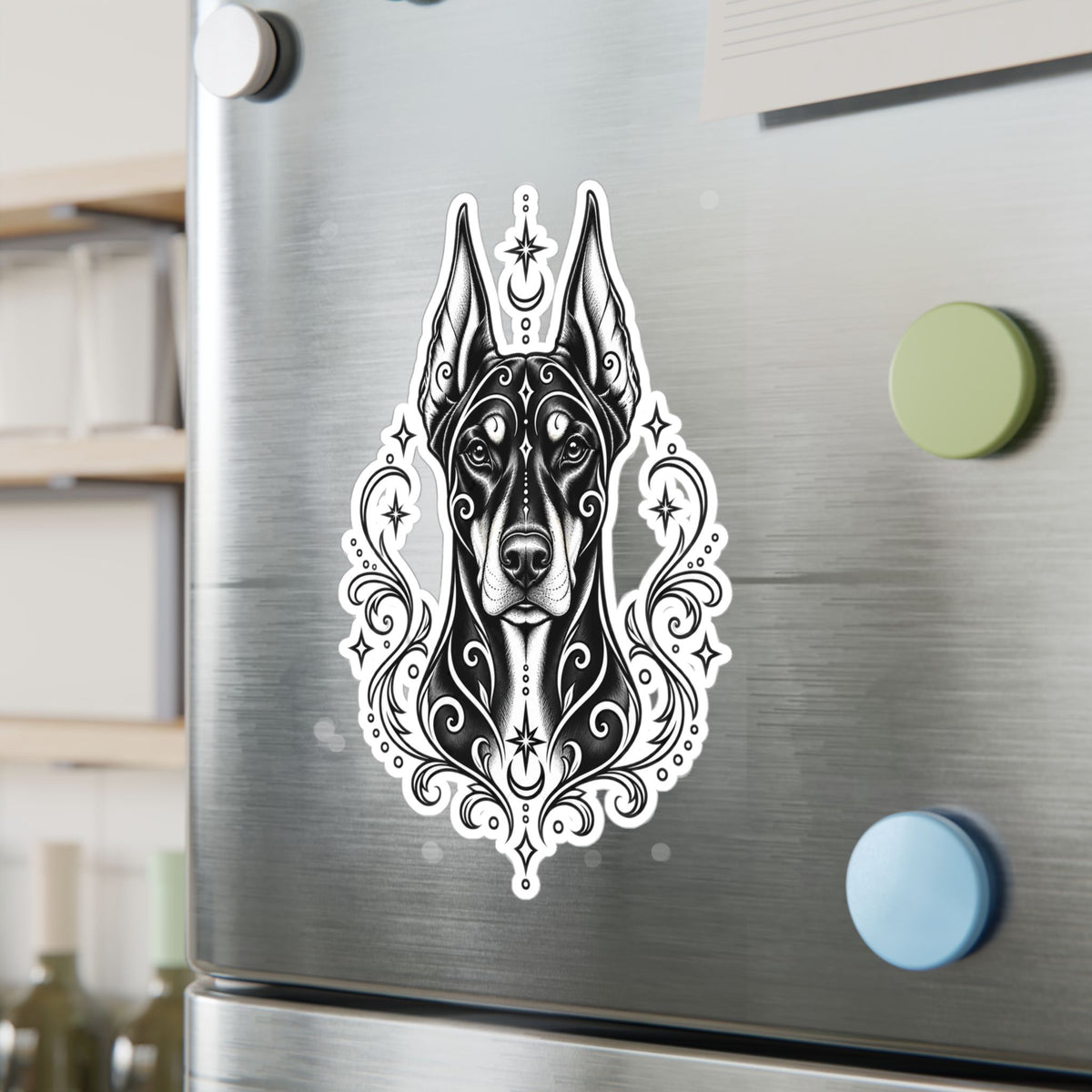 Mystical Doberman Pinscher CE Line Art Kiss-Cut Vinyl Sticker — Decorative Dog Portrait Decal