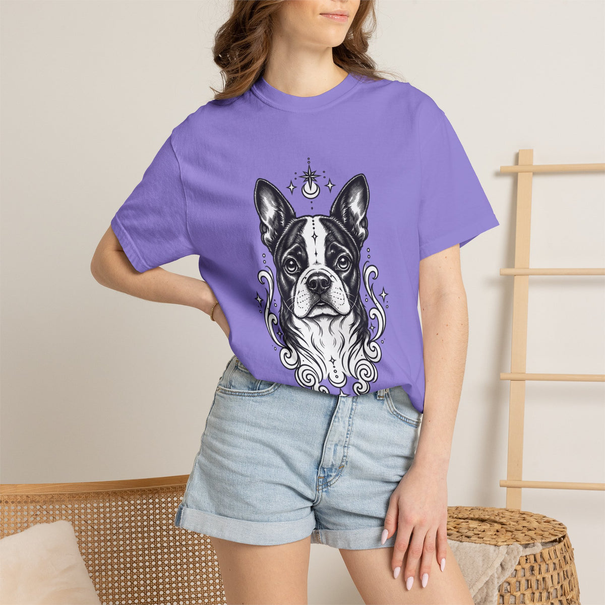 Mystical Boston Terrier Line Art T-Shirt — Minimal Dog Portrait Tee