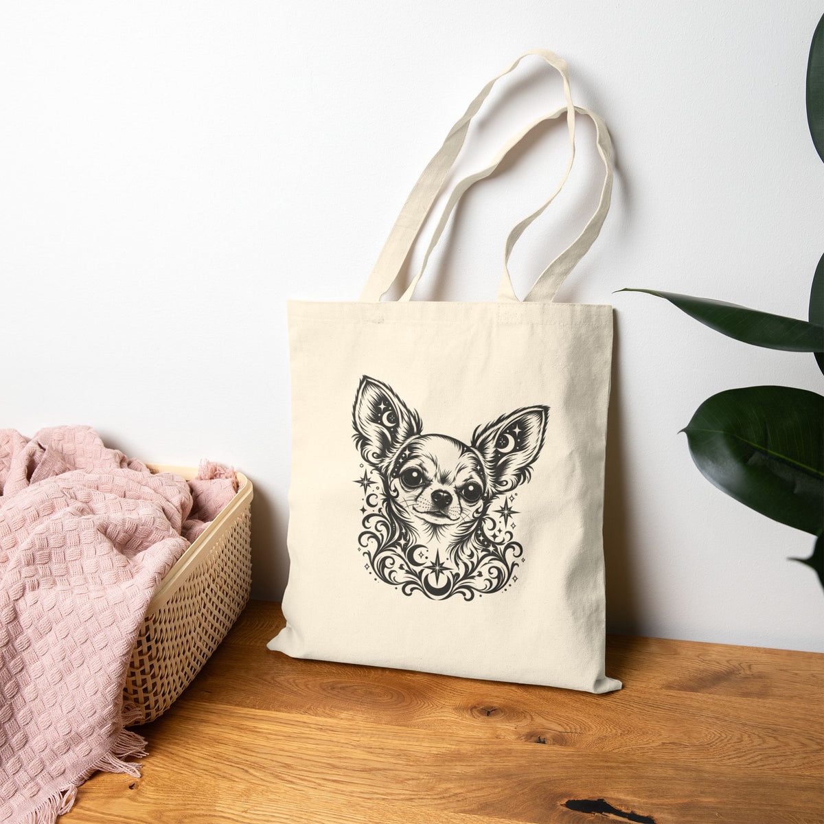 Mystical  Chihuahua SH Line Art Canvas Tote — Dog Portrait Cotton Shopper