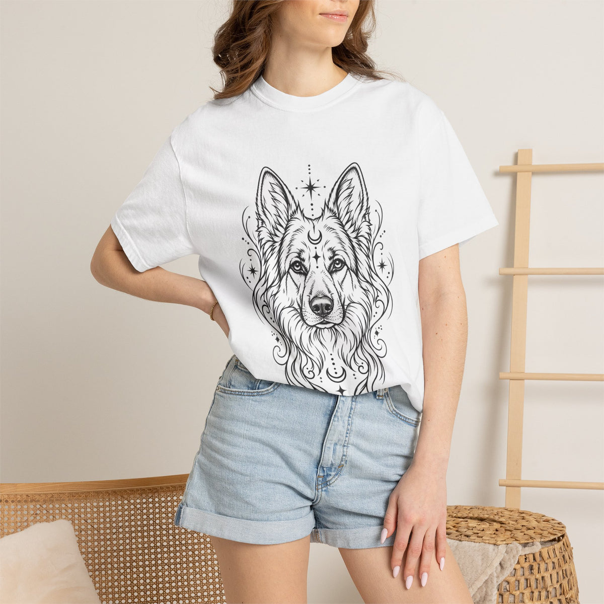 Mystical White Swiss Shepherd Line Art T-Shirt — Minimal Dog Portrait Tee