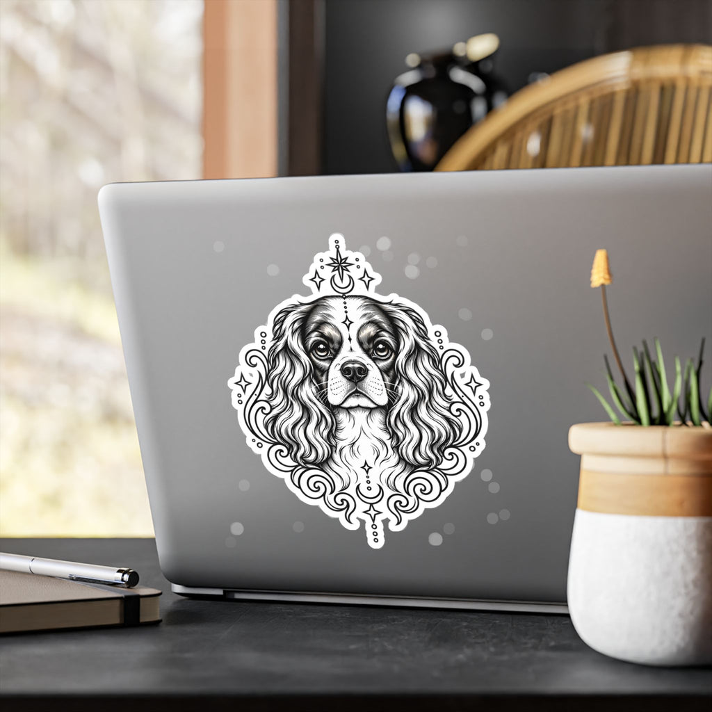 Mystical Cavalier King Charles Spaniel  Line Art Kiss-Cut Vinyl Sticker — Decorative Dog Portrait Decal