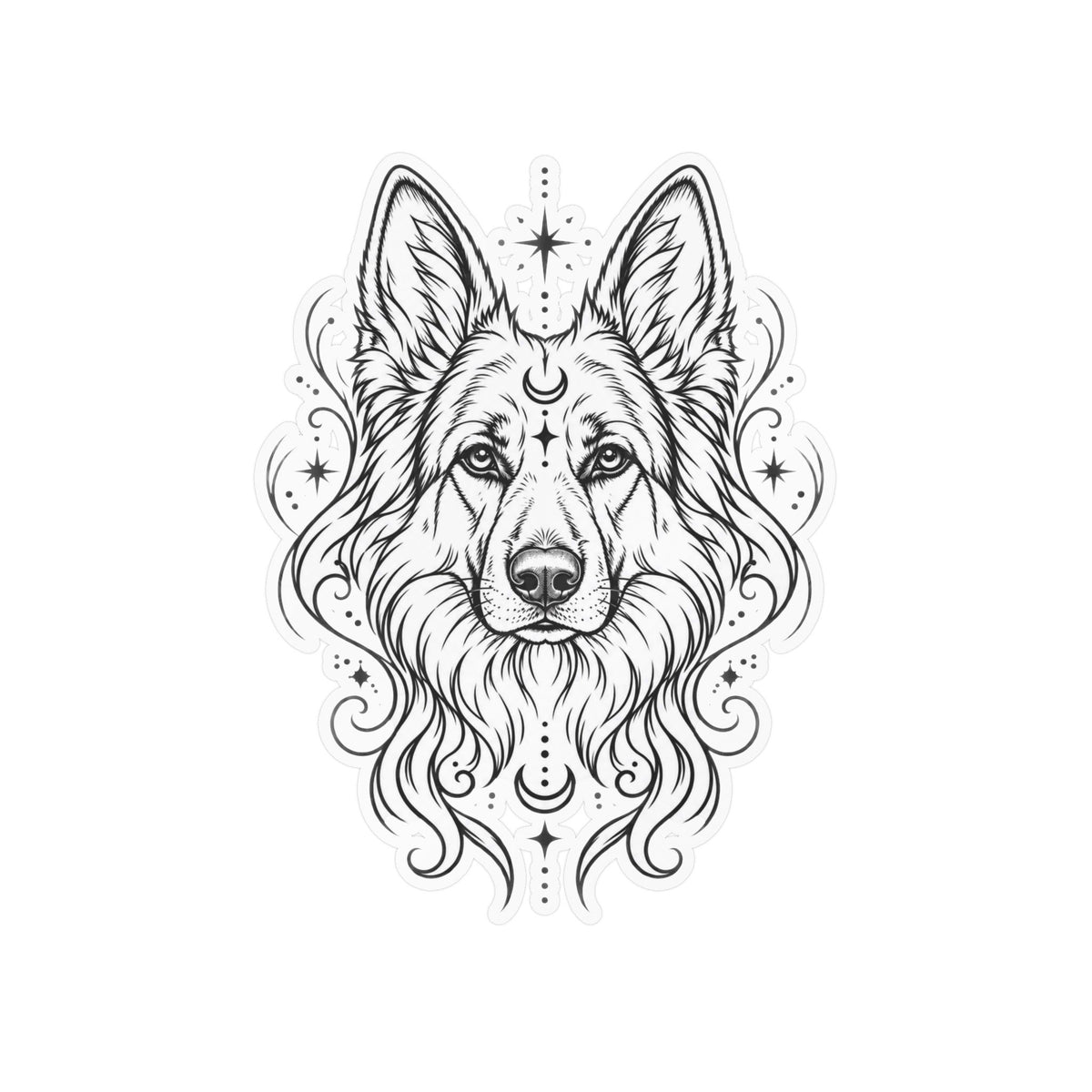 Mystical White Swiss Shepherd Line Art Kiss-Cut Vinyl Sticker — Decorative Dog Portrait Decal