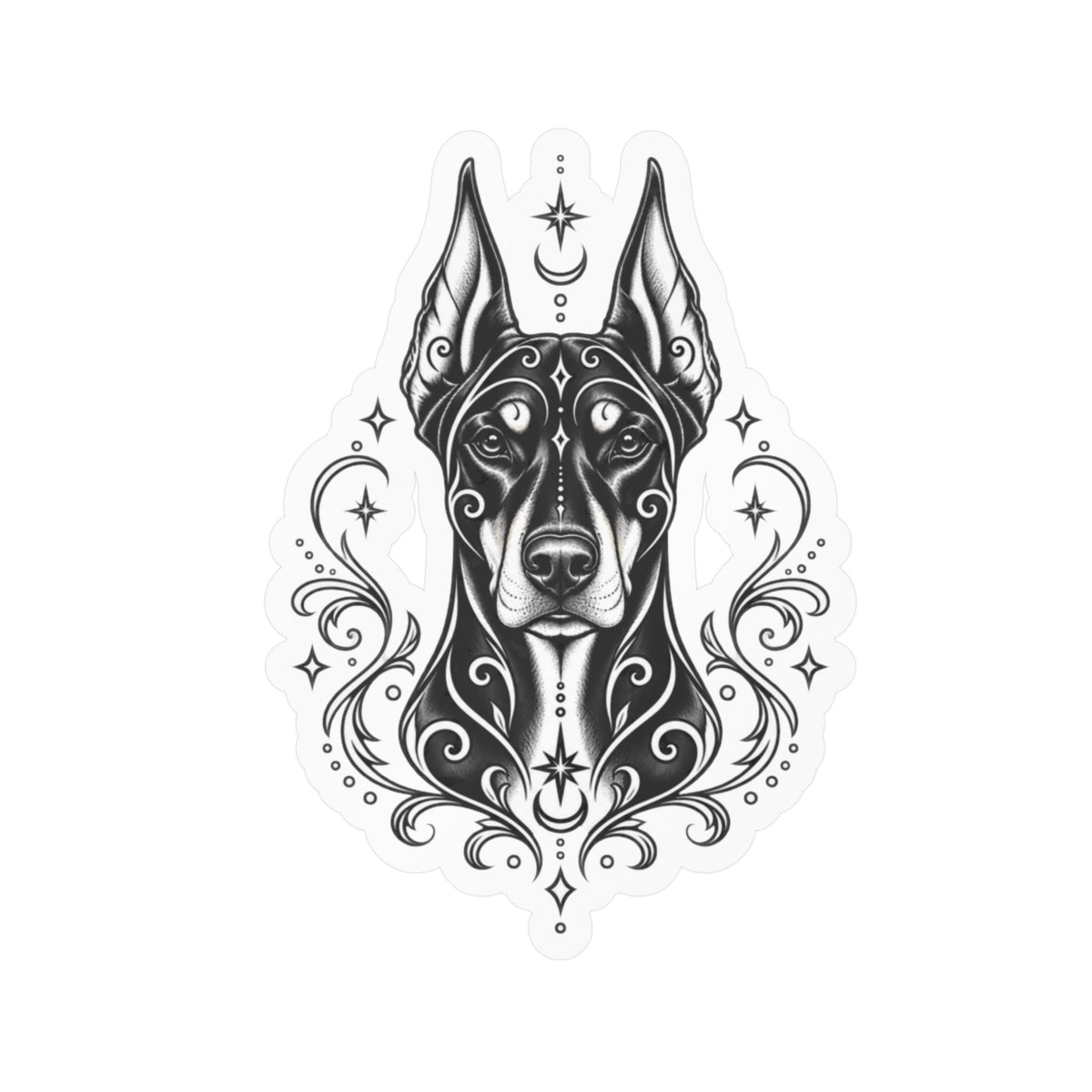 Mystical Doberman Pinscher CE Line Art Kiss-Cut Vinyl Sticker — Decorative Dog Portrait Decal