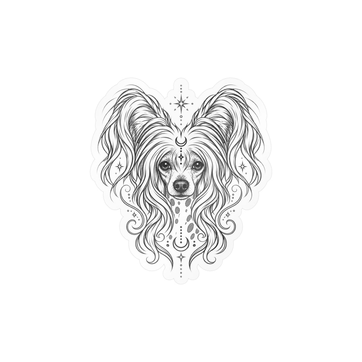 Mystical Chinese Crested Line Art Kiss-Cut Vinyl Sticker — Decorative Dog Portrait Decal