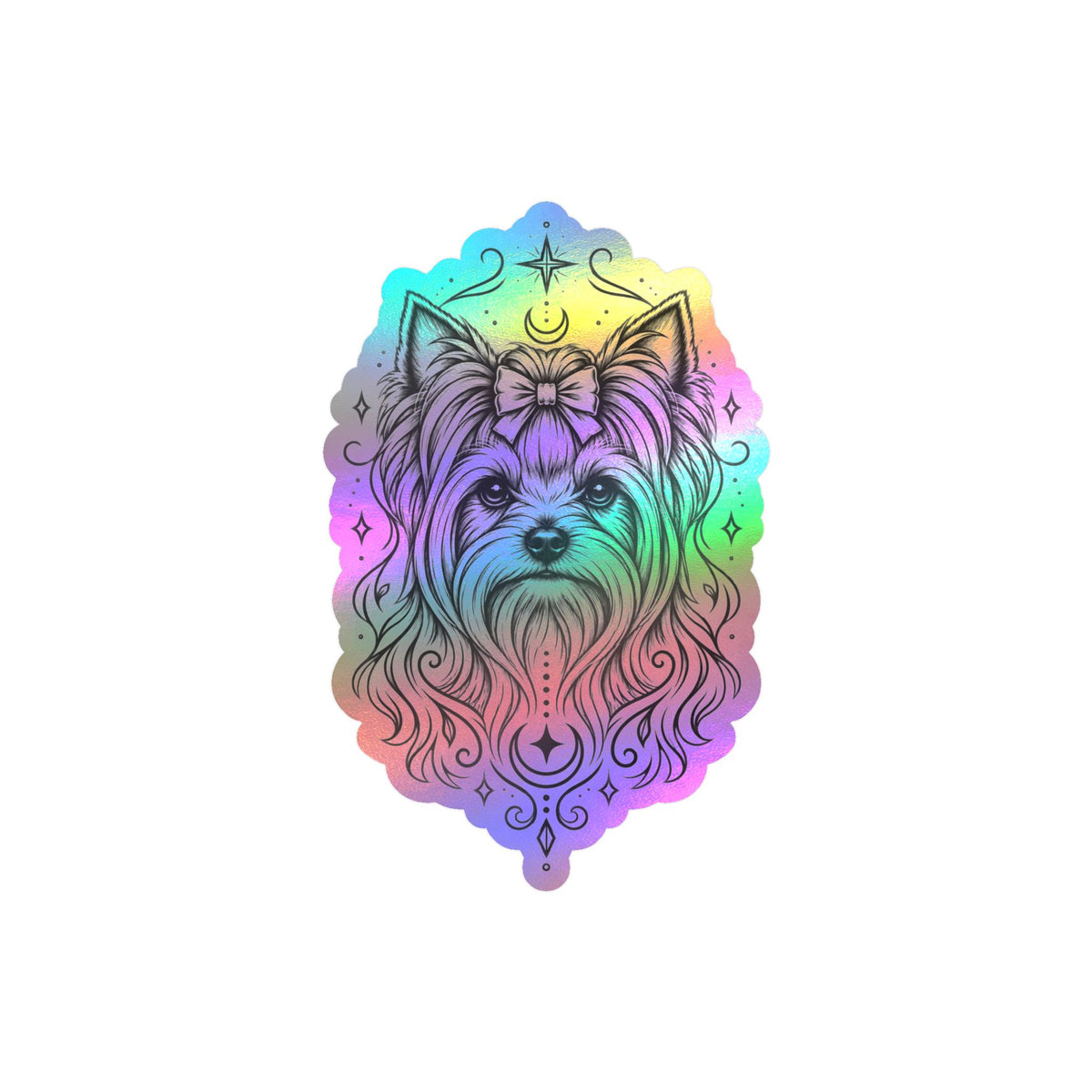 Mystical Yorkshire Terrier Line Art Kiss-Cut Vinyl Sticker — Decorative Dog Portrait Decal