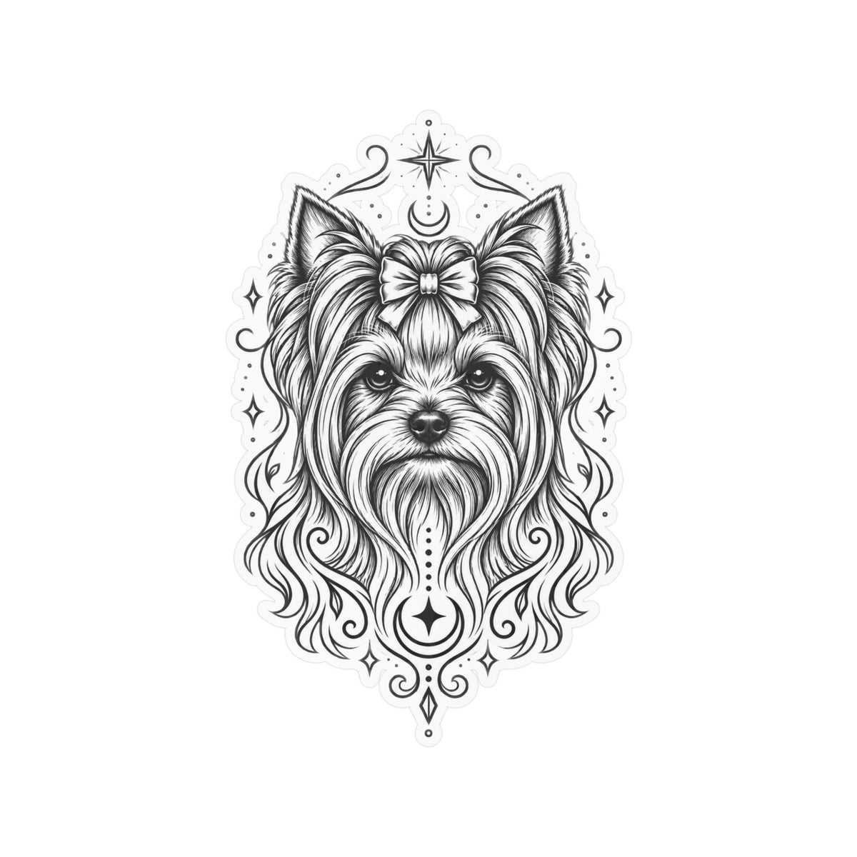 Mystical Yorkshire Terrier Line Art Kiss-Cut Vinyl Sticker — Decorative Dog Portrait Decal