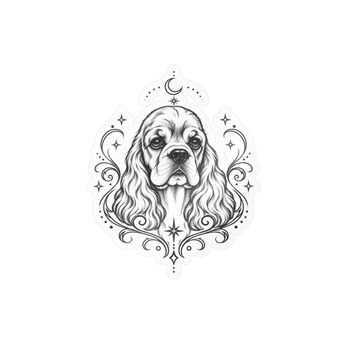 Mystical American Cocker Spaniel Line Art Kiss-Cut Vinyl Sticker — Decorative Dog Portrait Decal