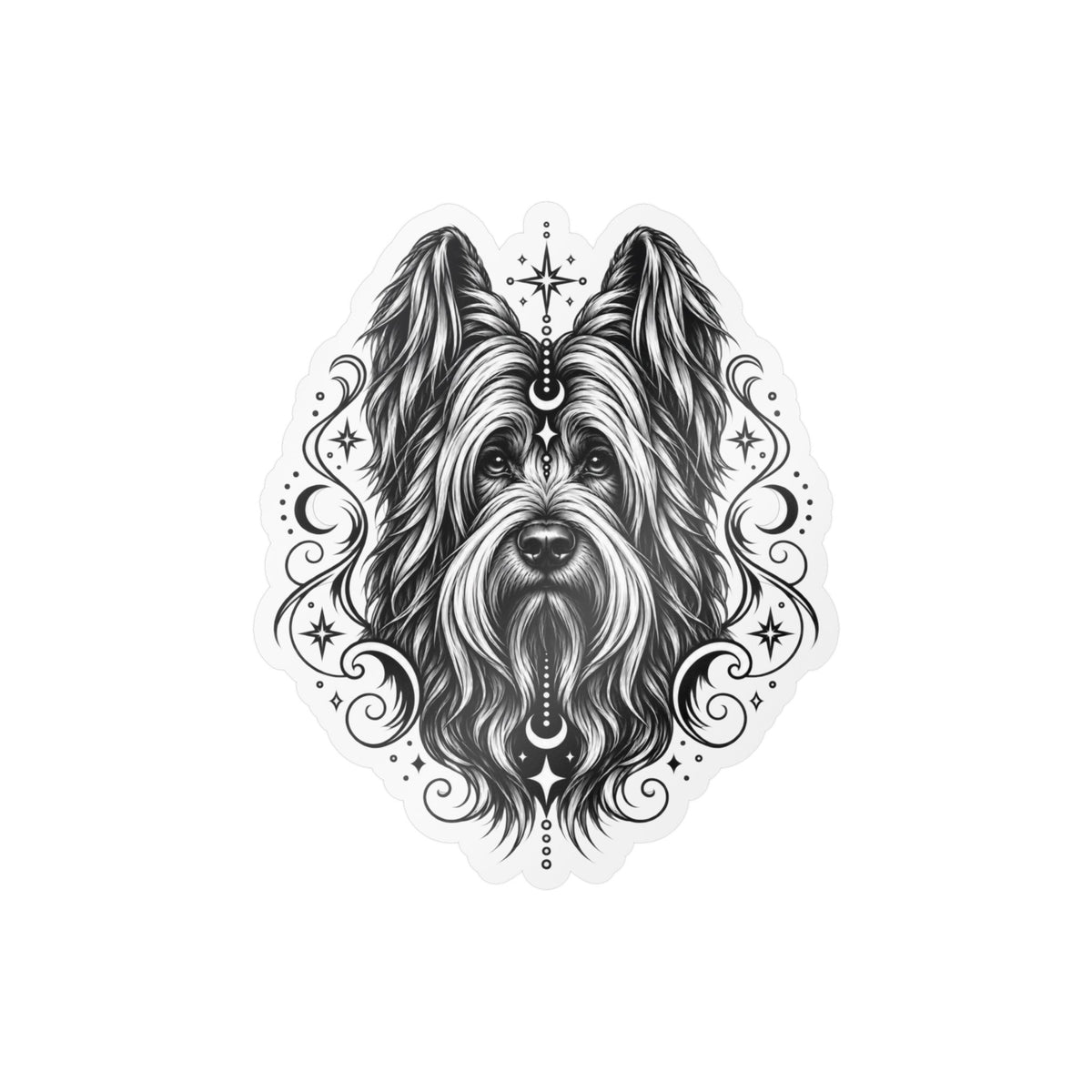 Mystical Briard Line Art Kiss-Cut Vinyl Sticker — Decorative Dog Portrait Decal