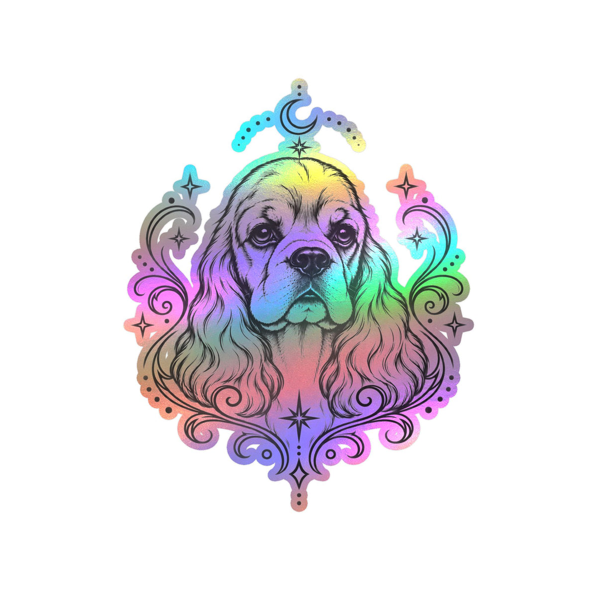 Mystical American Cocker Spaniel Line Art Kiss-Cut Vinyl Sticker — Decorative Dog Portrait Decal