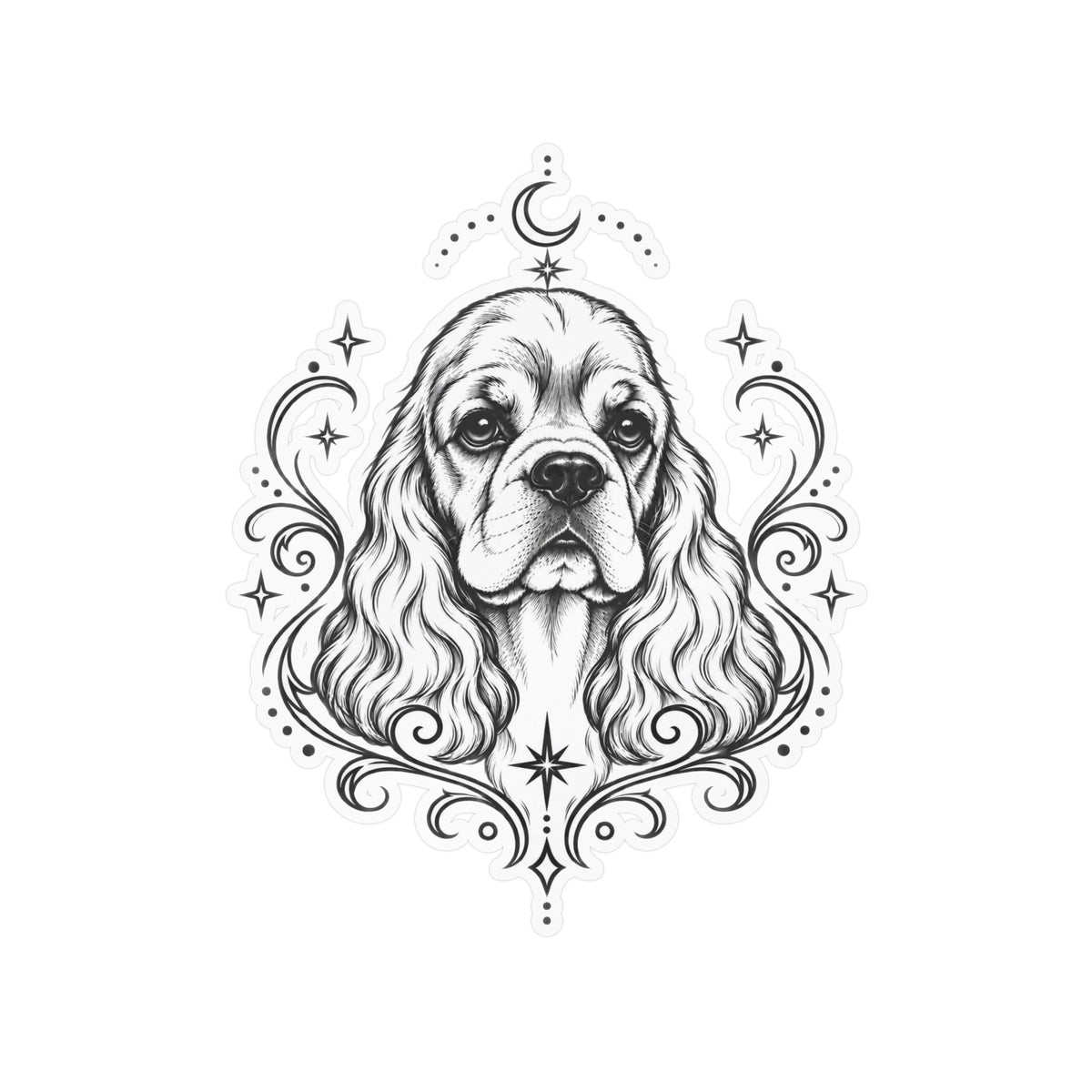 Mystical American Cocker Spaniel Line Art Kiss-Cut Vinyl Sticker — Decorative Dog Portrait Decal