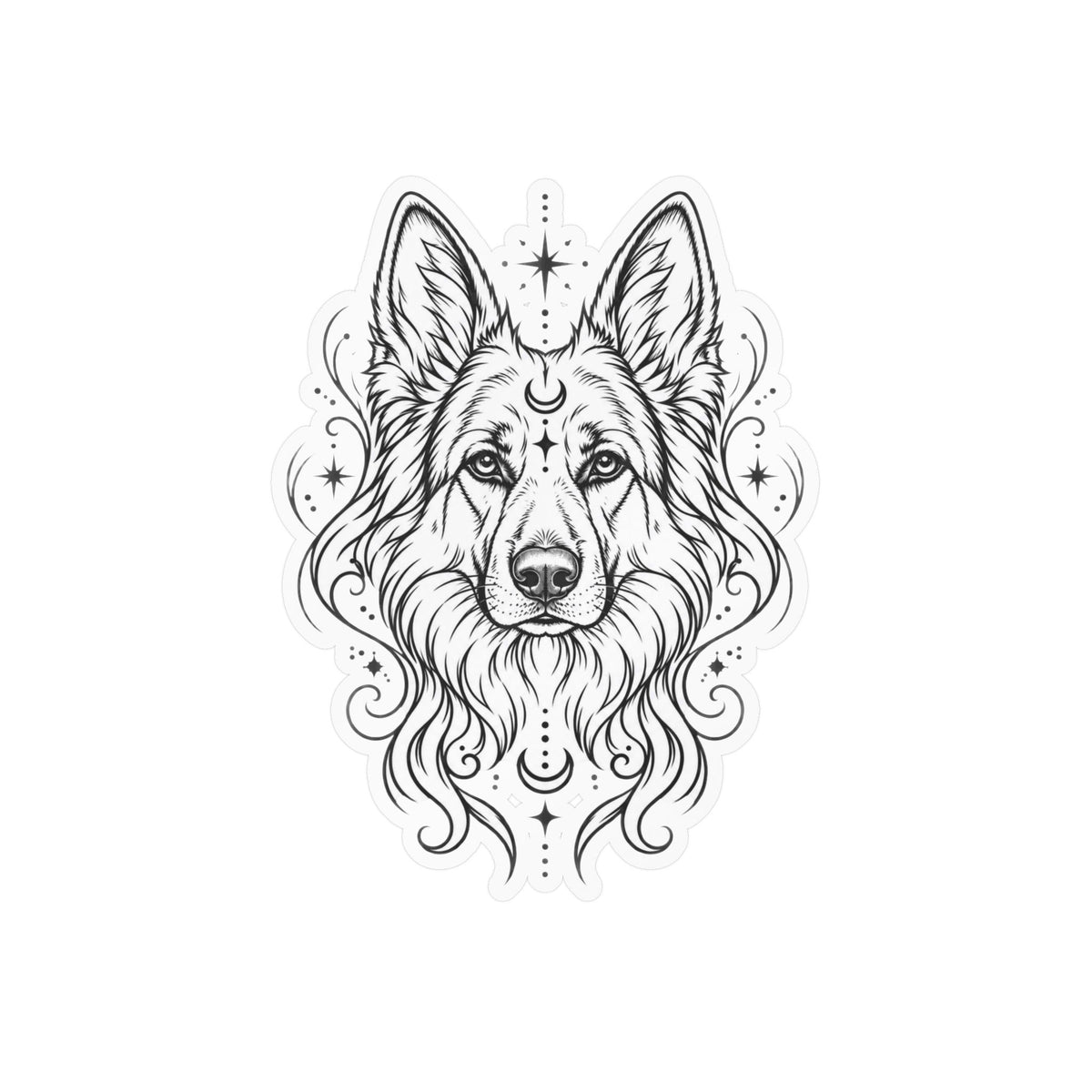 Mystical White Swiss Shepherd Line Art Kiss-Cut Vinyl Sticker — Decorative Dog Portrait Decal