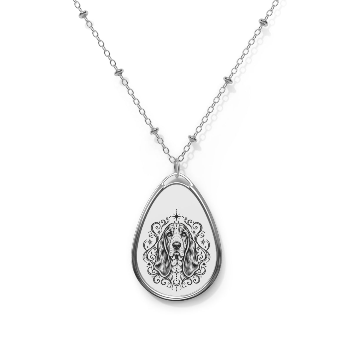 Mystical Basset Hound Oval Necklace — Engraved Pet Memorial Pendant