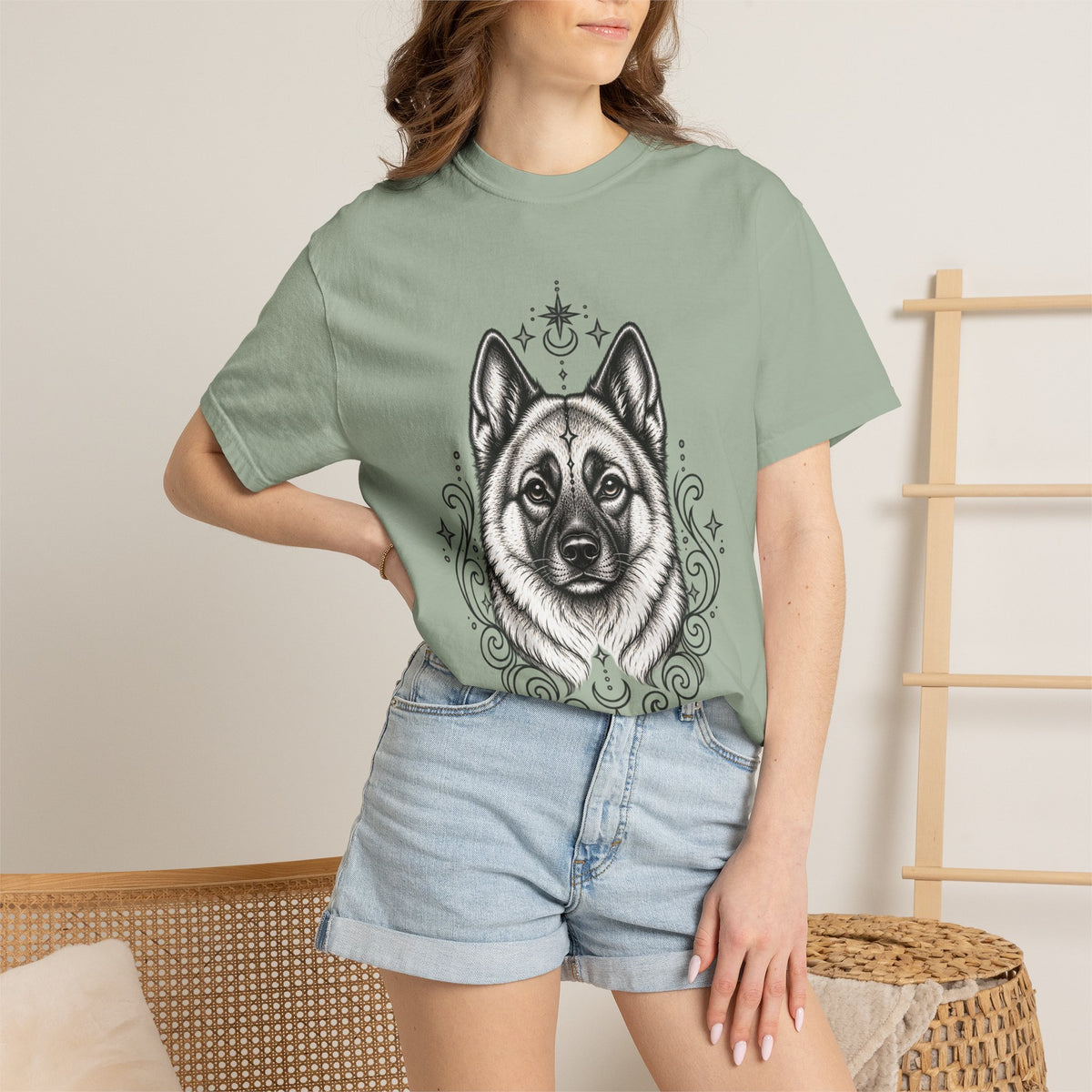 Mystical Norwegian Elkhound Line Art T-Shirt — Minimal Dog Portrait Tee