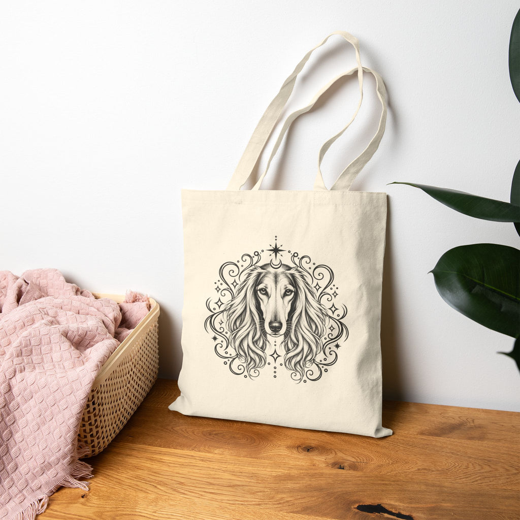 Mystical Saluki Line Art Canvas Tote — Dog Portrait Cotton Shopper