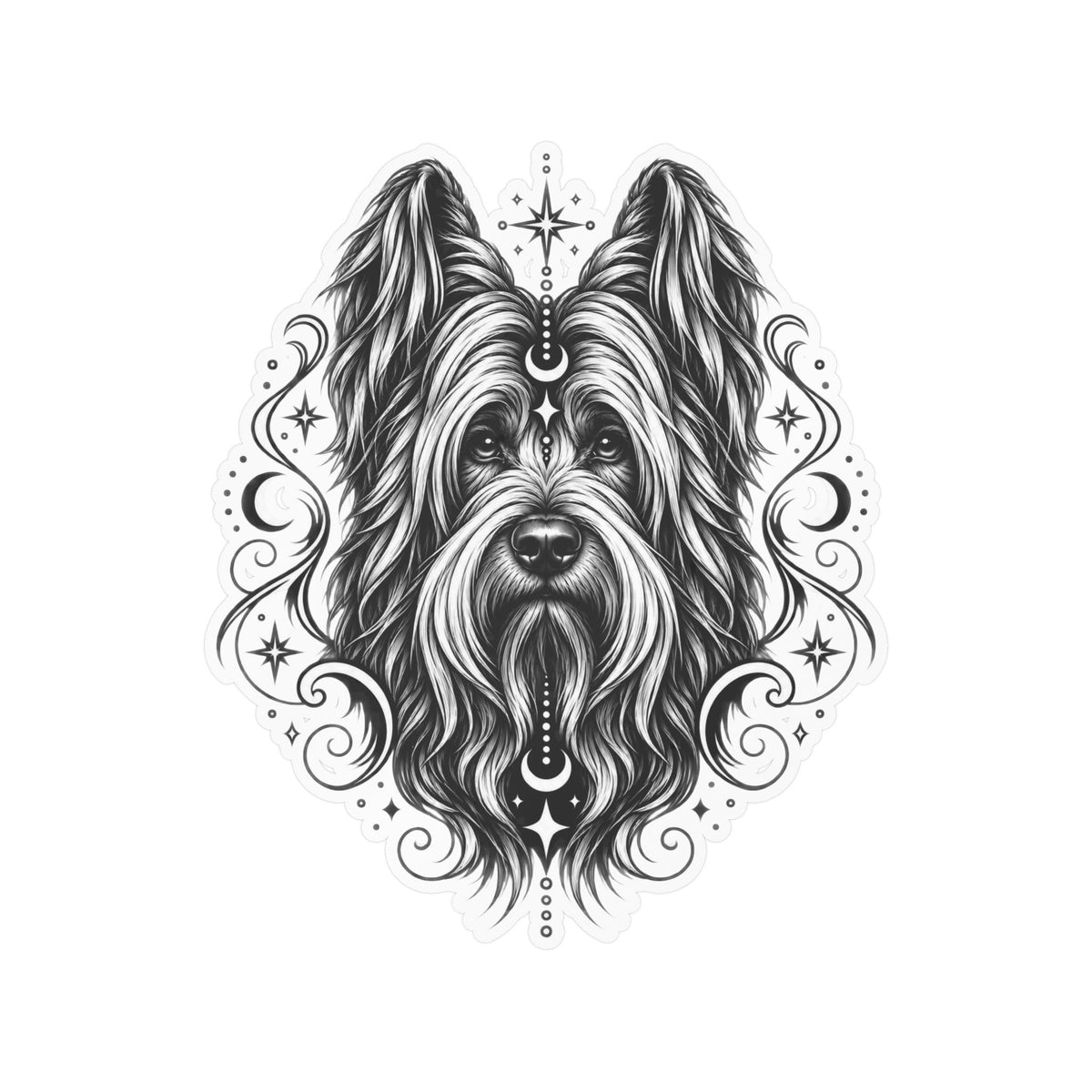 Mystical Briard Line Art Kiss-Cut Vinyl Sticker — Decorative Dog Portrait Decal