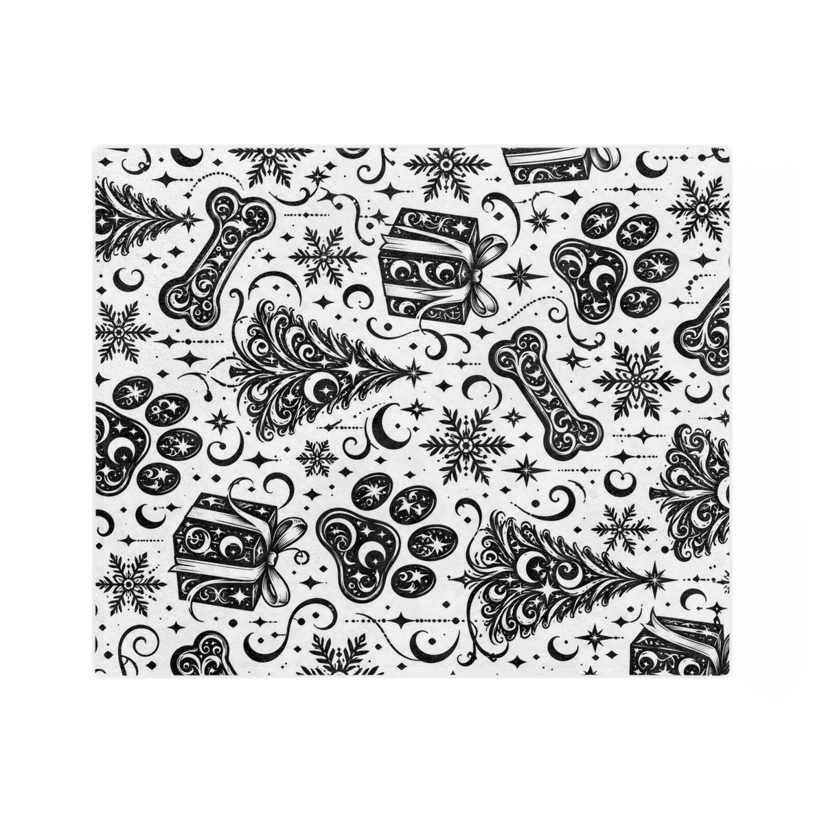 Holiday Pet Paw Print Microfiber Blanket — Black & White Christmas Tree, Gifts & Bones Pattern