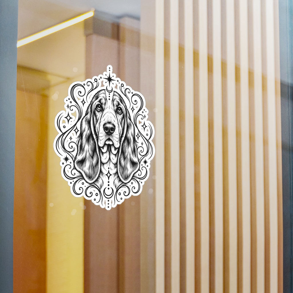 Mystical Basset Hound Line Art Kiss-Cut Vinyl Sticker — Decorative Dog Portrait Decal