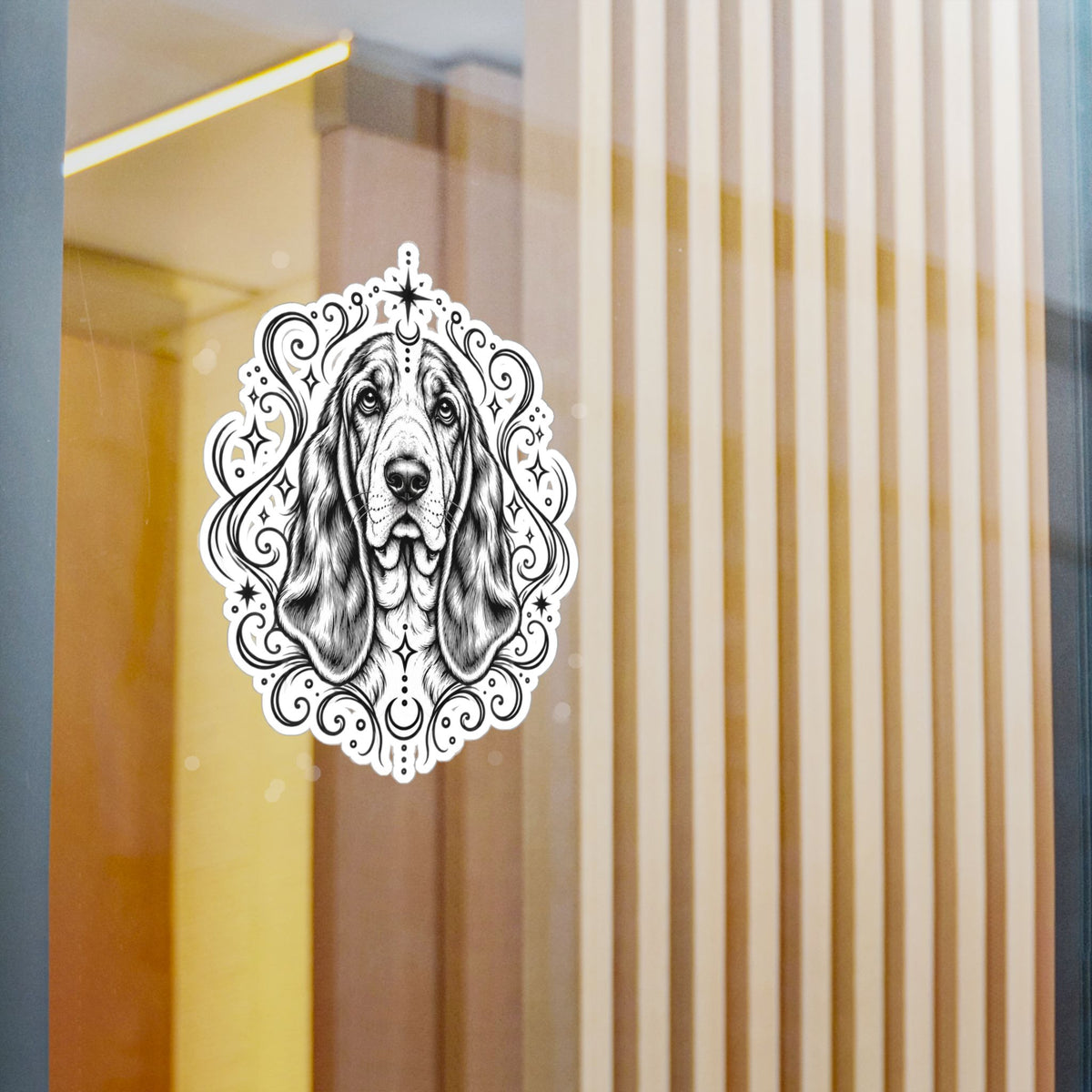 Mystical Basset Hound Line Art Kiss-Cut Vinyl Sticker — Decorative Dog Portrait Decal