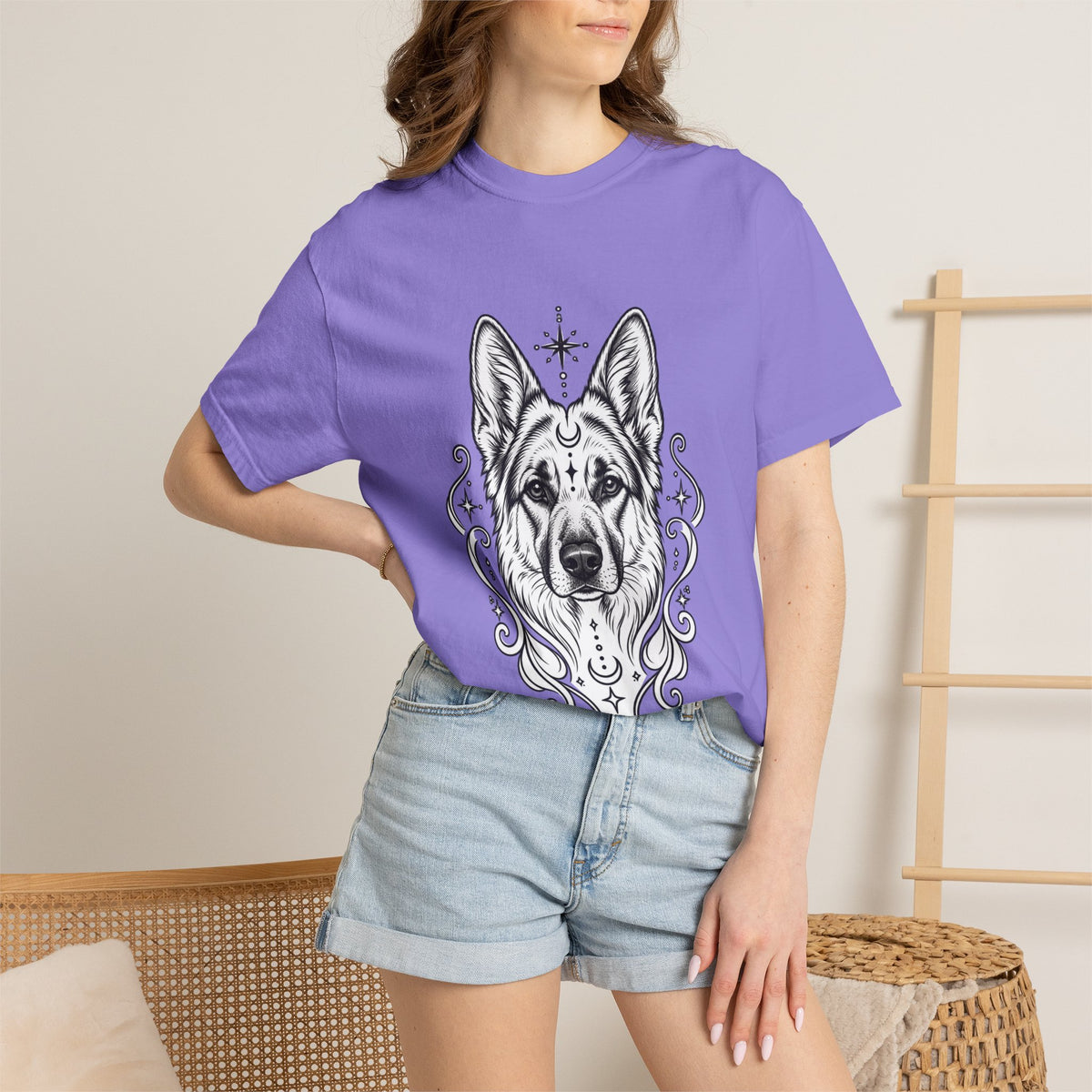 Mystical German Shepherd Line Art T-Shirt — Minimal Dog Portrait Tee