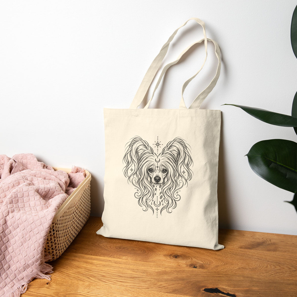 Mystical Chinese Crested Line Art Canvas Tote — Dog Portrait Cotton Shopper