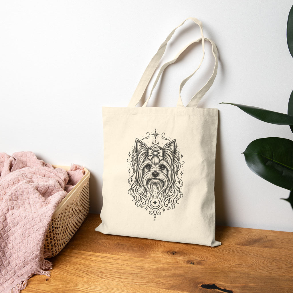 Mystical Yorkshire Terrier Line Art Canvas Tote — Dog Portrait Cotton Shopper