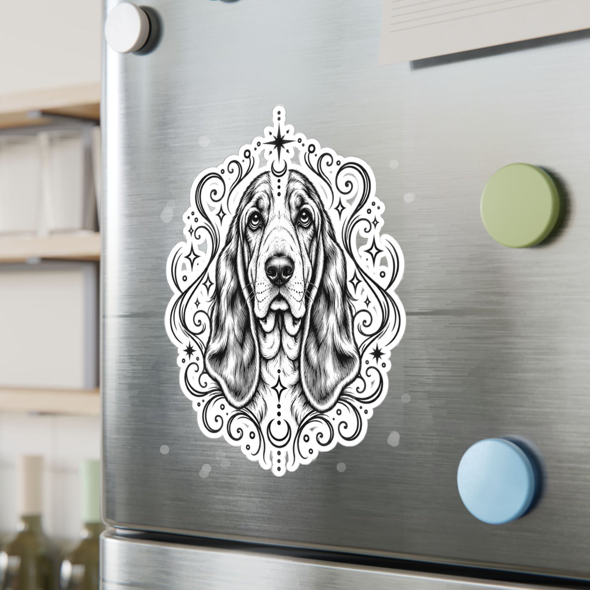 Mystical Basset Hound Line Art Kiss-Cut Vinyl Sticker — Decorative Dog Portrait Decal