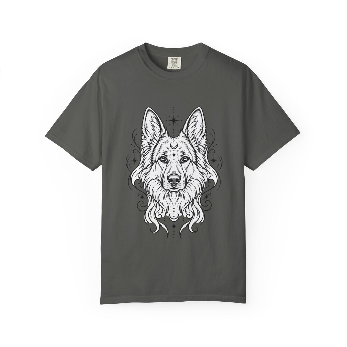 Mystical White Swiss Shepherd Line Art T-Shirt — Minimal Dog Portrait Tee