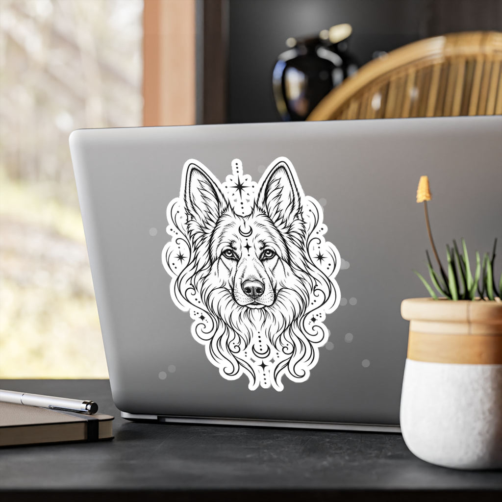 Mystical White Swiss Shepherd Line Art Kiss-Cut Vinyl Sticker — Decorative Dog Portrait Decal