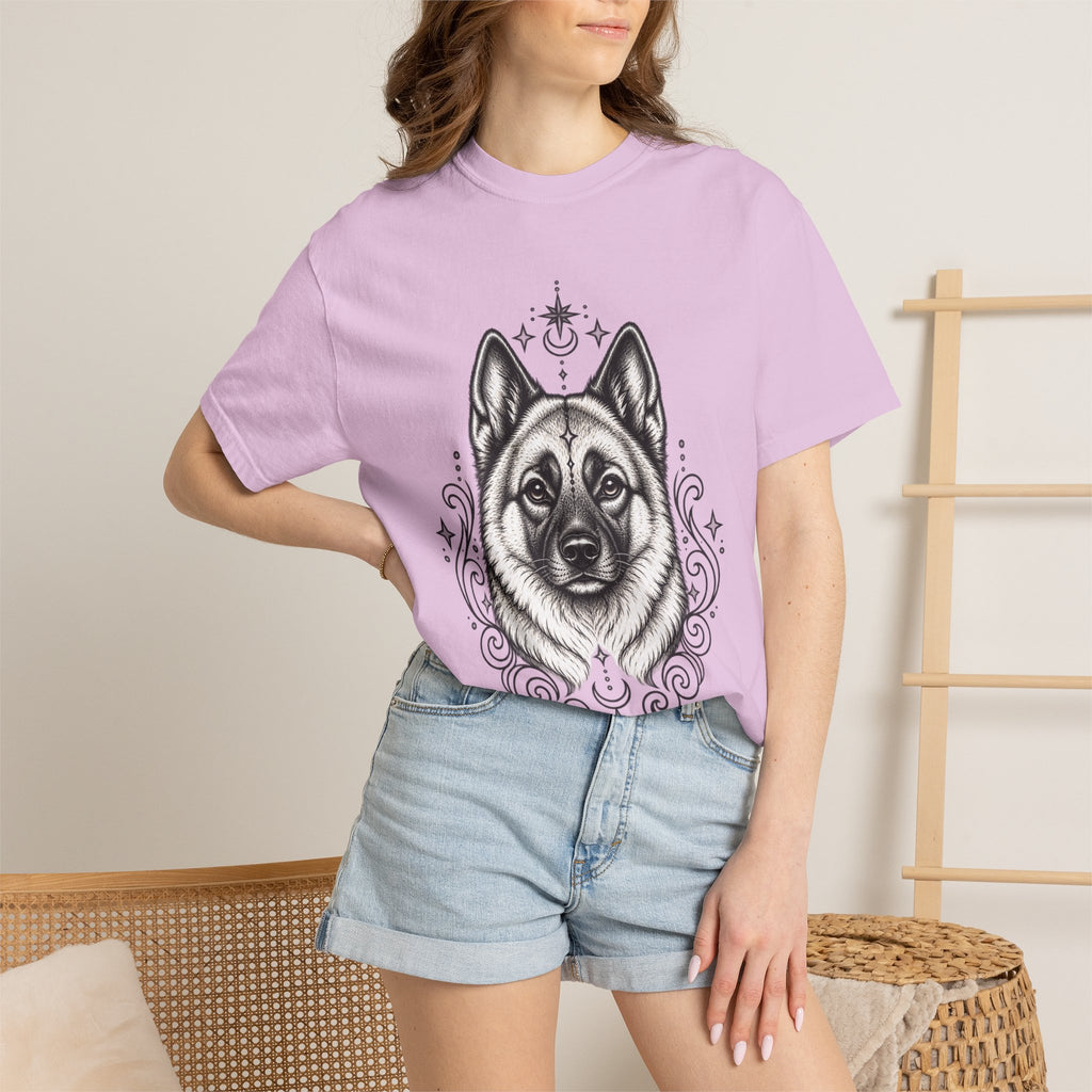 Mystical Norwegian Elkhound Line Art T-Shirt — Minimal Dog Portrait Tee
