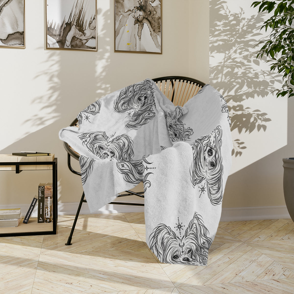 Mystical Chinese Crested Minimalist Velveteen Microfiber Blanket — Soft Neutral Pet Portrait Throw
