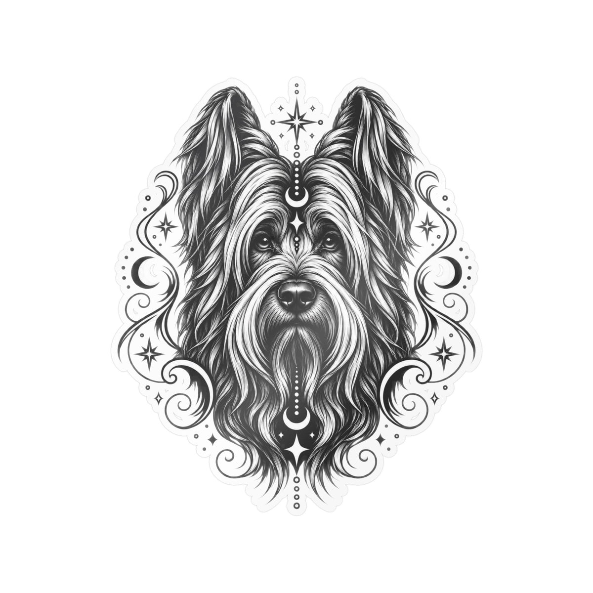 Mystical Briard Line Art Kiss-Cut Vinyl Sticker — Decorative Dog Portrait Decal
